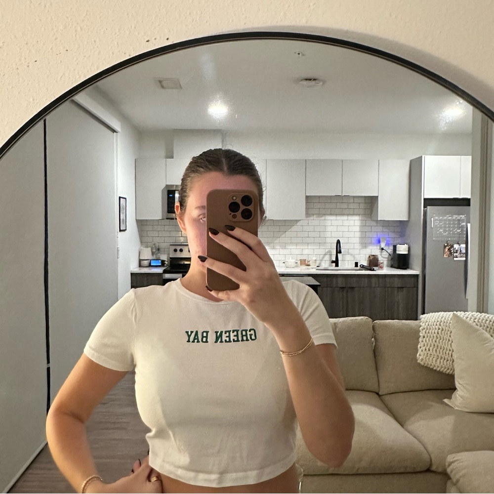 Zenana Outfitters White Crop Top with Green Bay Print